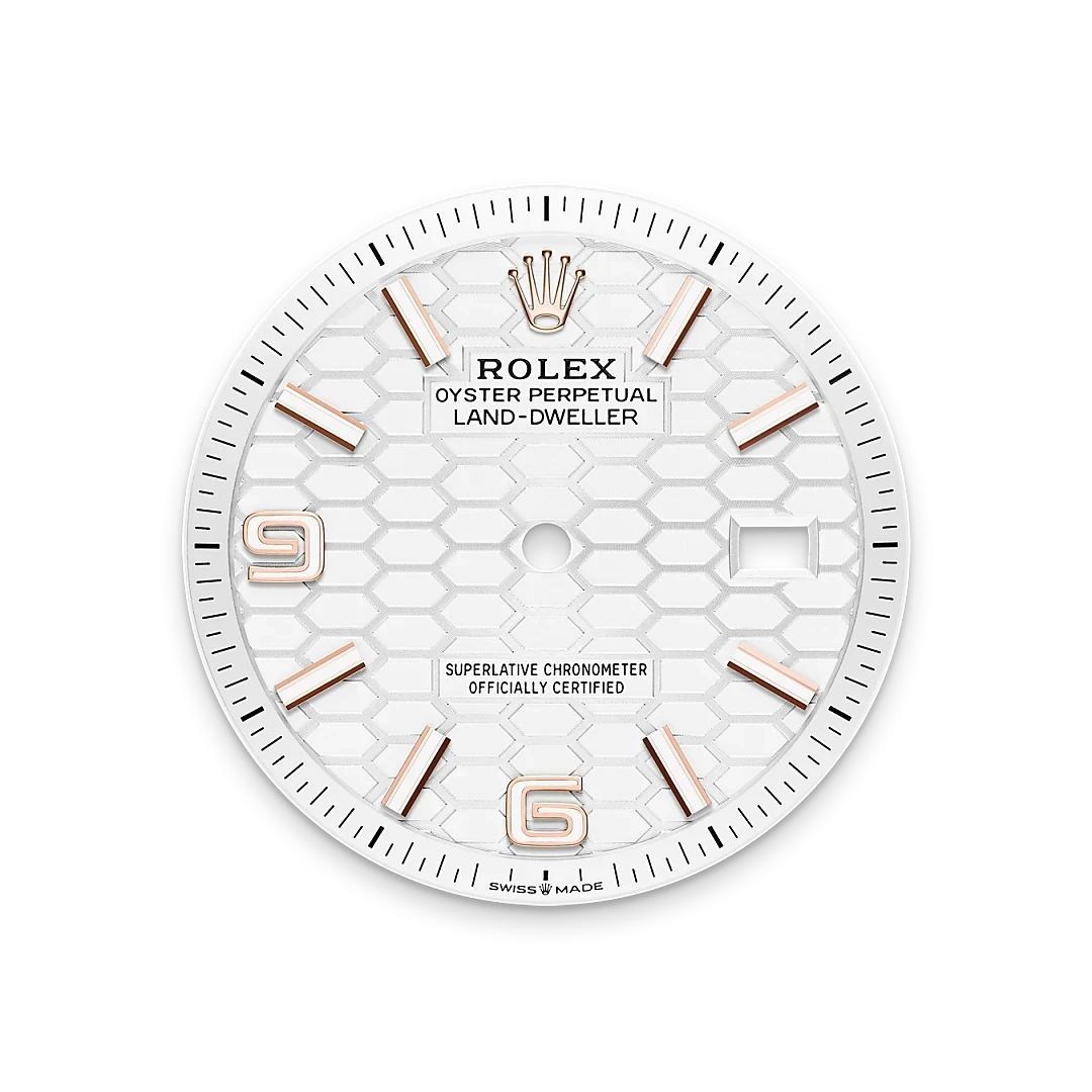 Close-up of a white Rolex Oyster Perpetual Land-Dweller watch face with rose gold hour markers, a honeycomb pattern background, and text indicating it is a superlative chronometer officially certified and Swiss made.
