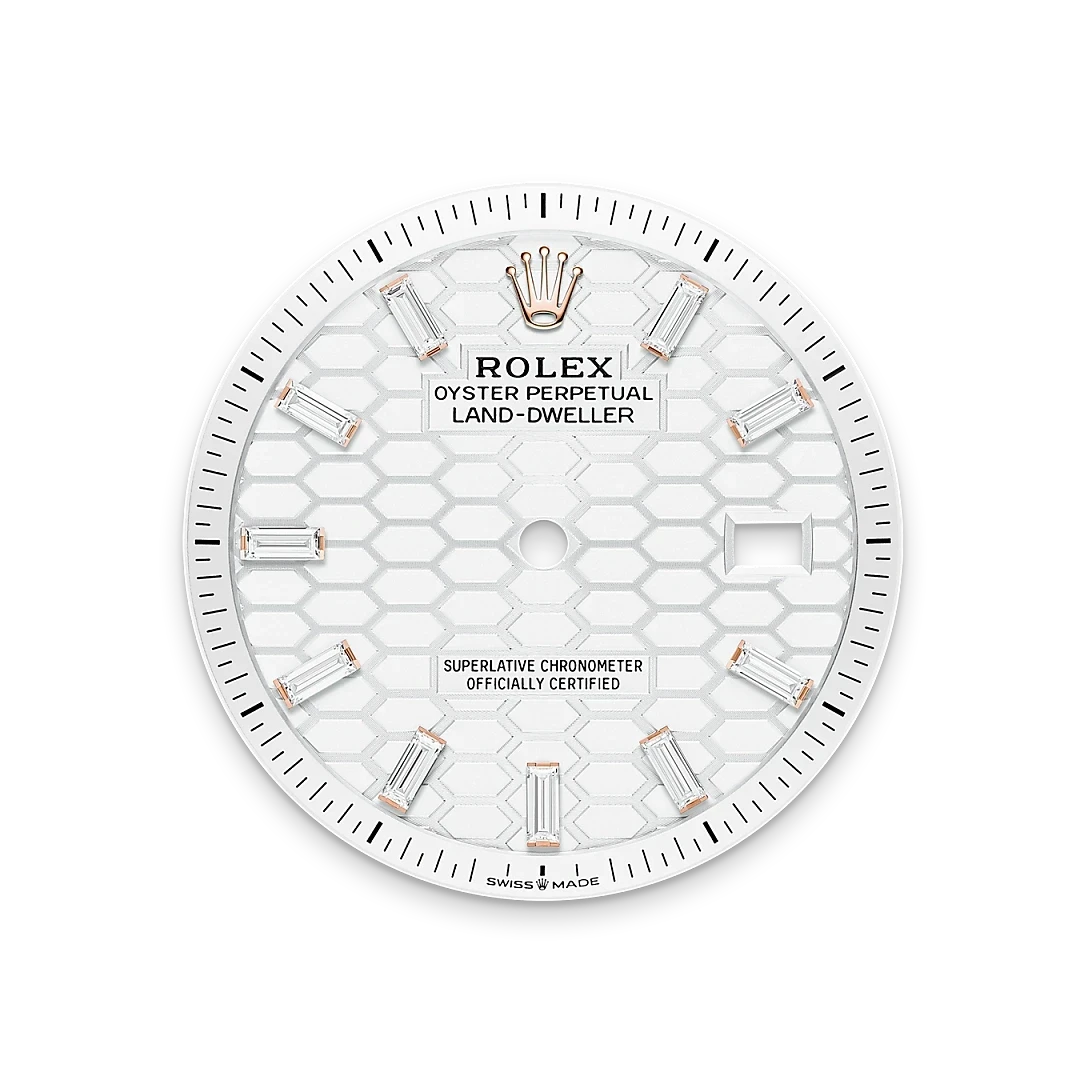 Close-up of a Rolex Oyster Perpetual Land-Dweller watch dial featuring a white textured honeycomb pattern, silver-tone markers, and the Rolex crown logo, highlighting luxury watch craftsmanship.