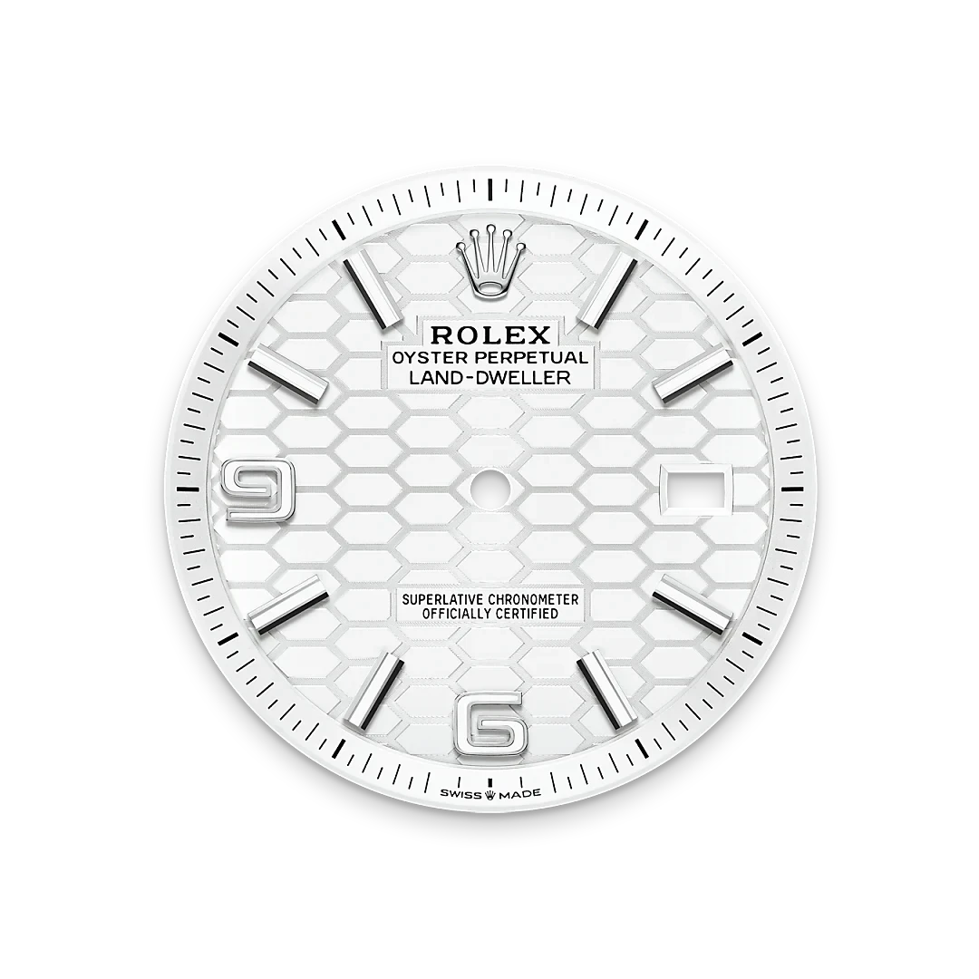 Close-up of a white Rolex Oyster Perpetual Land-Dweller watch dial featuring silver hour markers, a honeycomb pattern, and text indicating it is a superlative chronometer officially certified, Swiss made, highlighting luxury watch craftsmanship.