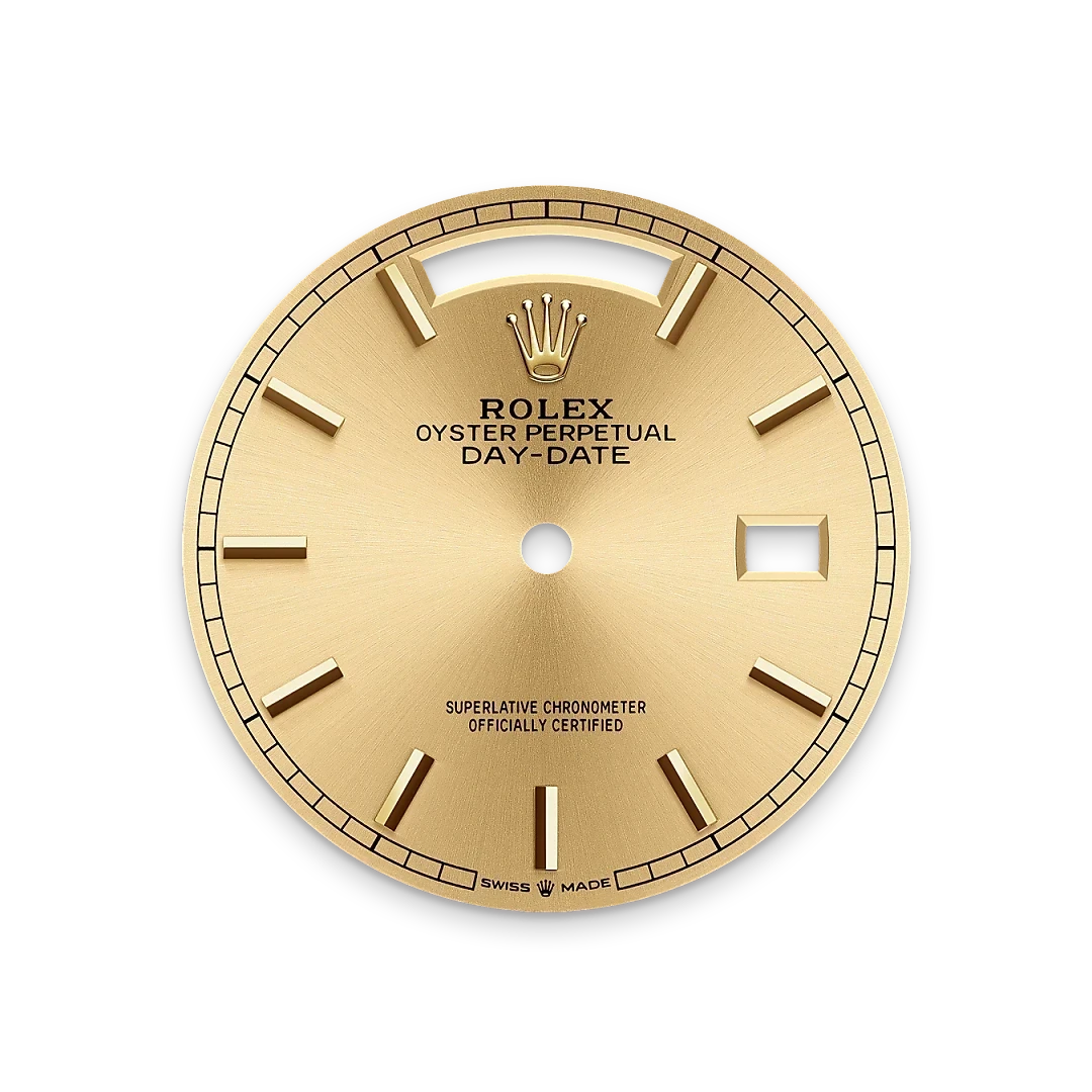 Close-up view of a gold Rolex Oyster Perpetual Day-Date watch dial featuring the Rolex crown logo, baton hour markers, and text indicating Superlative Chronometer certification and Swiss Made origin.