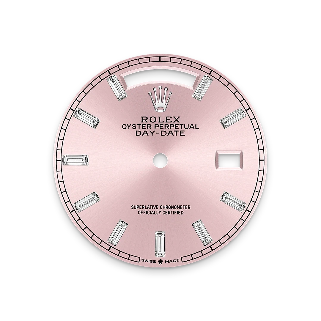 Close-up of a pink Rolex Oyster Perpetual Day-Date watch face with baguette diamond hour markers, black text, and the iconic Rolex crown logo, set against a black background.
