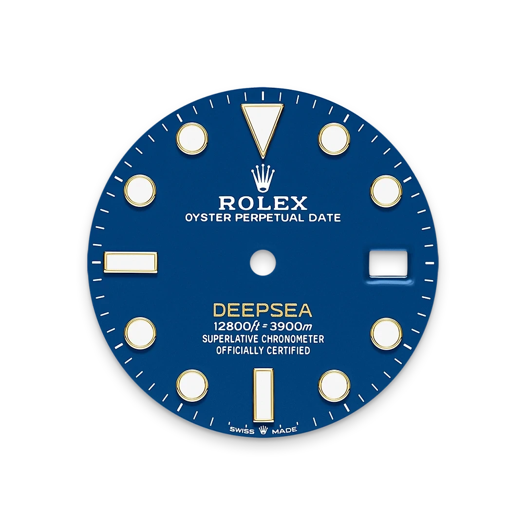 Blue Rolex Deepsea watch dial with luminous hour markers, date window, and text indicating water resistance and official certification, highlighting luxury watch craftsmanship.