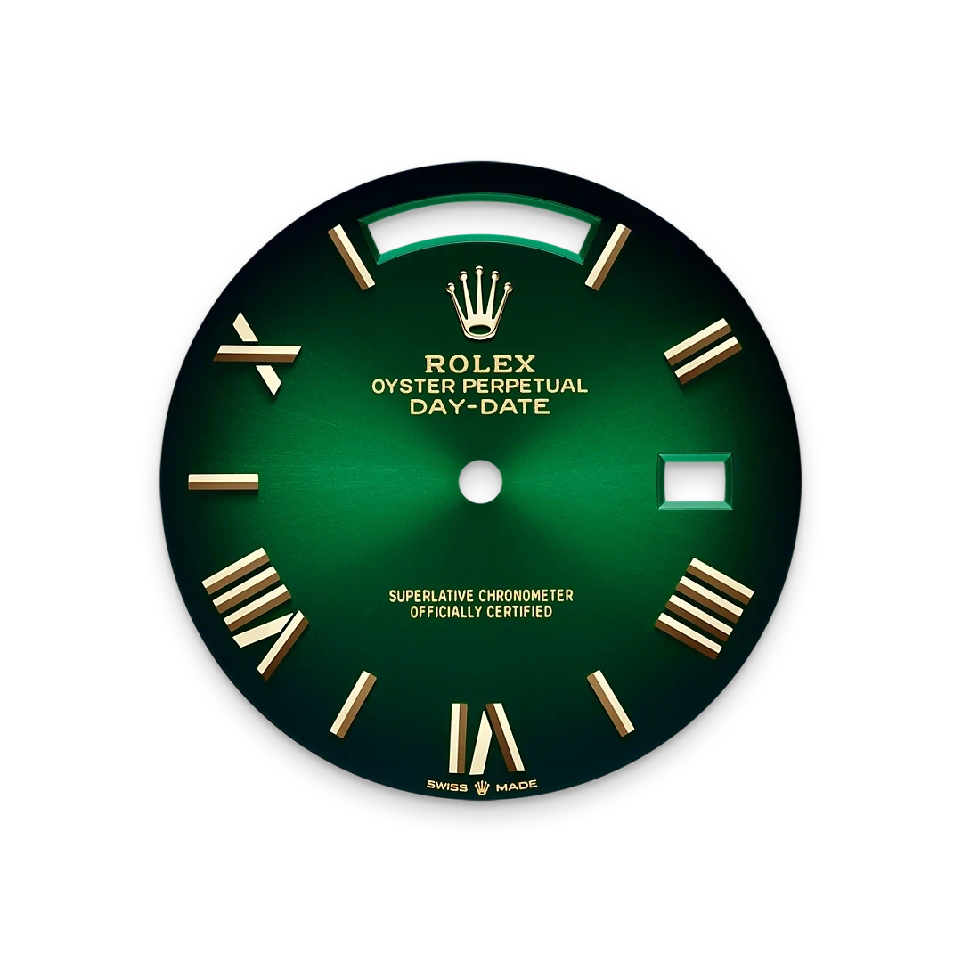 Close-up of a green Rolex Oyster Perpetual Day-Date watch dial featuring gold Roman numeral hour markers, the Rolex crown logo, and inscriptions indicating it is a superlative chronometer officially certified and Swiss made.