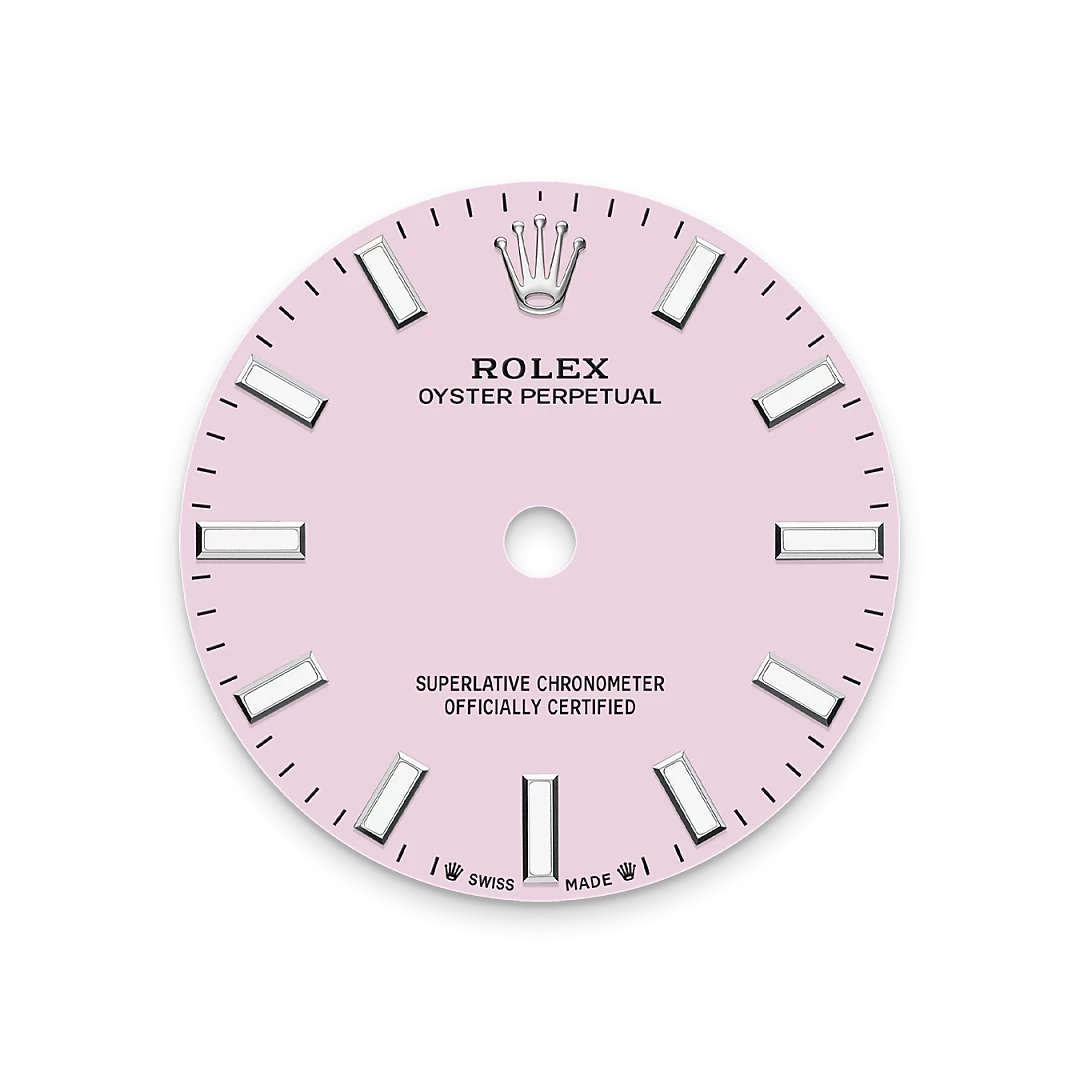 Close-up of a pink Rolex Oyster Perpetual watch dial featuring rectangular hour markers, the Rolex crown logo at 12 o'clock, and black text indicating it is a superlative chronometer officially certified, set against a black background.