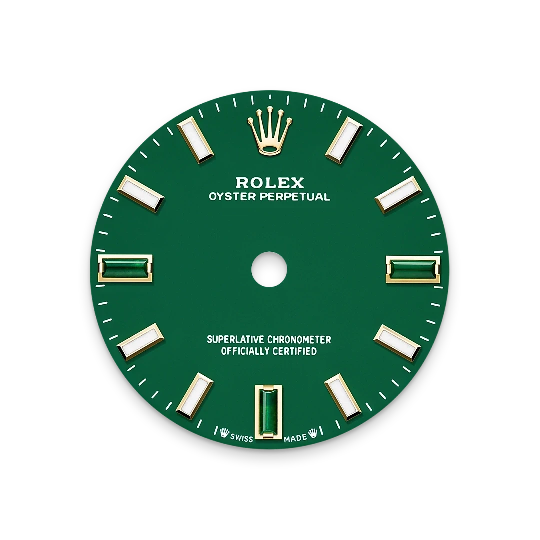 Green Rolex watch dial with gold accents featuring rectangular hour markers, the Rolex crown logo at 12 o'clock, and text indicating Oyster Perpetual and Superlative Chronometer certification.