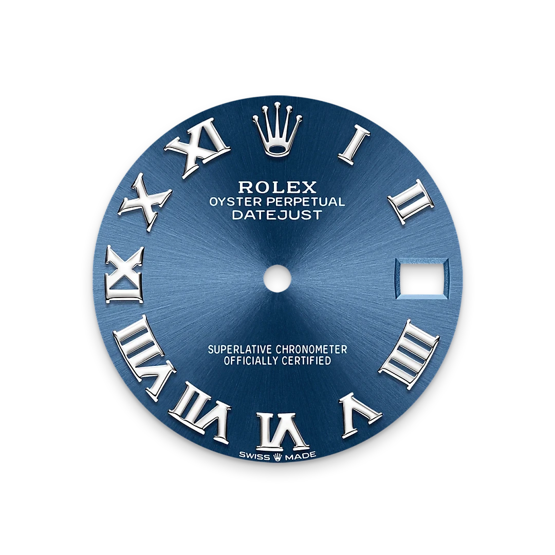 Blue Rolex Datejust watch face with silver Roman numeral hour markers, crown logo at 12 o'clock, and a date window at 3 o'clock, highlighting luxury watch craftsmanship.