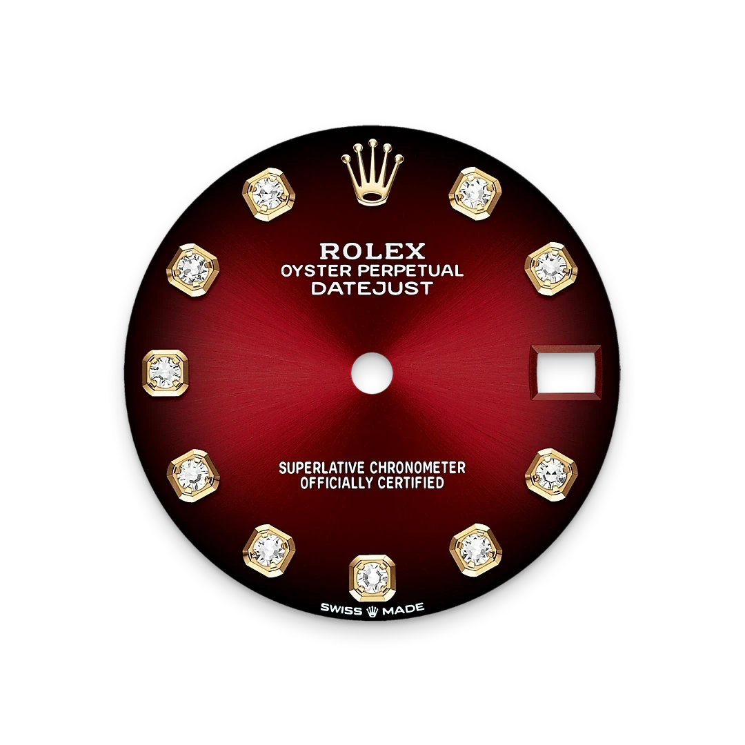 Close-up of a red Rolex Oyster Perpetual Datejust watch face with diamond hour markers, gold crown logo at 12 o'clock, and a date window at 3 o'clock, showcasing luxury watch craftsmanship.