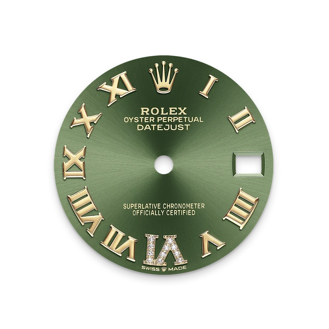 Green Rolex Datejust watch dial with gold Roman numerals, a diamond-encrusted VI marker, and a date window at three o'clock, showcasing luxury and fine craftsmanship.