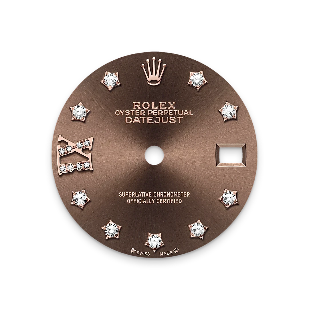 Close-up of a brown Rolex Oyster Perpetual Datejust watch dial featuring diamond hour markers, a Roman numeral ten encrusted with diamonds, and text indicating it is a superlative chronometer, Swiss made.