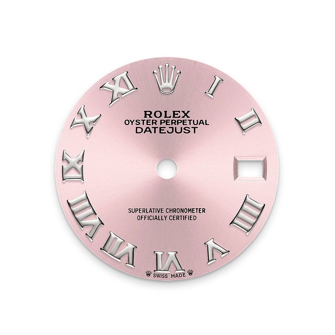 Rolex Datejust watch dial in soft pink with silver Roman numerals, featuring Rolex crown logo and text indicating Oyster Perpetual, Superlative Chronometer, and Swiss Made details.