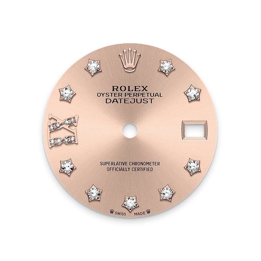 Rose gold Rolex Datejust watch dial with diamond hour markers shaped like stars, Rolex crown logo at 12 o'clock, and a date window at 3 o'clock, designed with luxury jewelry craftsmanship.