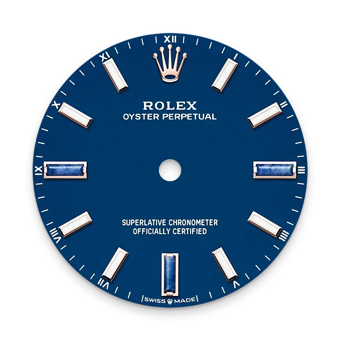 Blue Rolex Oyster Perpetual watch dial with silver hour markers, sapphire accents, and Rolex crown logo, featuring certified chronometer text and Swiss made label.