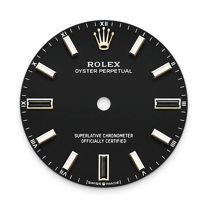 Black Rolex Oyster Perpetual watch dial featuring gold and white rectangular hour markers, Roman numerals at quarters, the Rolex crown logo, and text indicating superlative chronometer certification and Swiss origin.