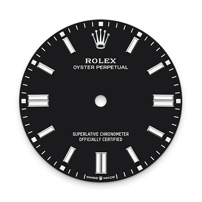 Black Rolex Oyster Perpetual watch dial with silver hour markers and the Rolex crown logo at 12 o'clock, featuring 