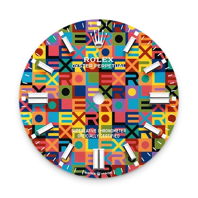 Colorful Rolex watch dial featuring a vibrant geometric pattern with multicolored squares and the brand name repeated throughout, marked with silver hour indices and classic branding text.