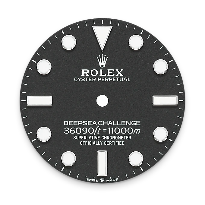 Close-up of a black Rolex Oyster Perpetual Deepsea Challenge watch dial featuring white hour markers, the Rolex crown logo, and text indicating water resistance to 11,000 meters with official chronometer certification.