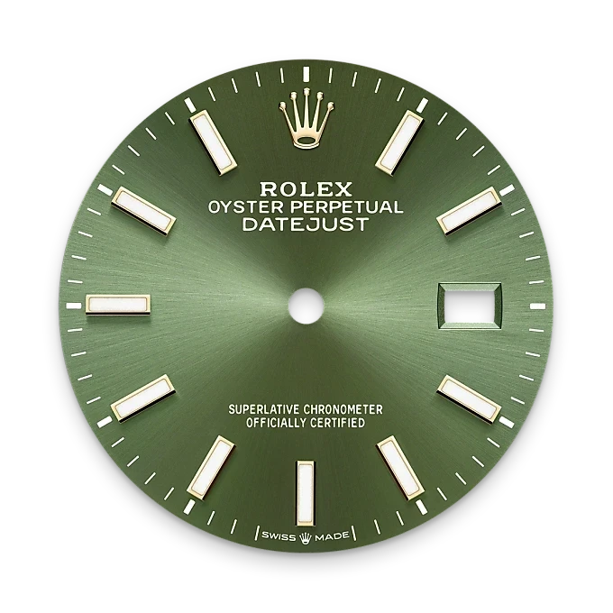 Green sunburst dial of a Rolex Oyster Perpetual Datejust watch with white rectangular hour markers, a date window, and the Rolex crown logo at 12 o'clock.