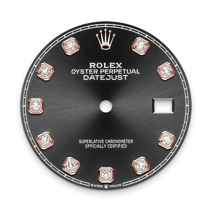 Black Rolex Oyster Perpetual Datejust watch dial featuring diamond hour markers, rose gold accents, and the Rolex crown logo at 12 o'clock.