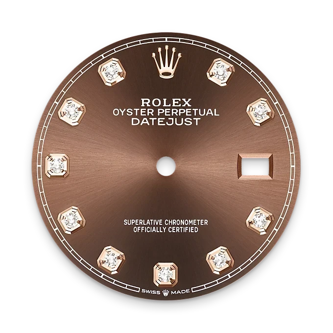 Close-up of a brown Rolex Oyster Perpetual Datejust watch dial with diamond hour markers, the Rolex crown logo at 12 o'clock, and a date window at 3 o'clock, showcasing luxury watch craftsmanship.