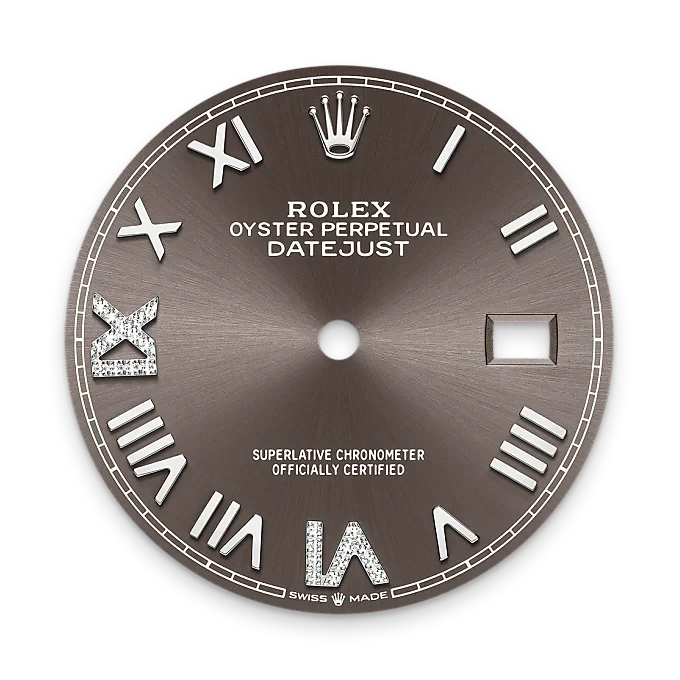 Close-up of a dark metallic Rolex Oyster Perpetual Datejust watch face with Roman numeral hour markers, some set with small diamonds, and an empty date window.