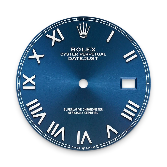 Close-up of a blue Rolex watch dial with silver Roman numeral hour markers, a date window at three o'clock, and the Rolex crown logo at twelve o'clock, reflecting luxury and precision craftsmanship.