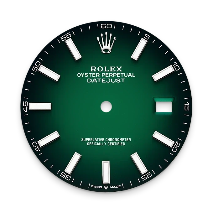 Close-up of a green Rolex Oyster Perpetual Datejust watch dial featuring white hour markers, the Rolex crown logo at 12 o’clock, and a date window at 3 o’clock.