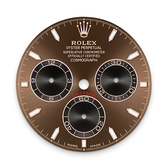 Close-up of a Rolex Daytona watch dial featuring three black subdials, silver hour markers, and text indicating Oyster Perpetual, Superlative Chronometer, and Cosmograph, showcasing luxury craftsmanship.
