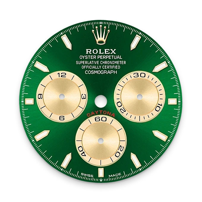 Close-up of a green Rolex Daytona watch dial featuring gold subdials, luminous hour markers, and detailed text highlighting its certified chronometer status and Swiss craftsmanship.