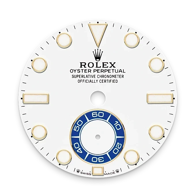 White Rolex Oyster Perpetual watch dial featuring gold hour markers, a blue and white seconds subdial, and black text indicating Superlative Chronometer certification.