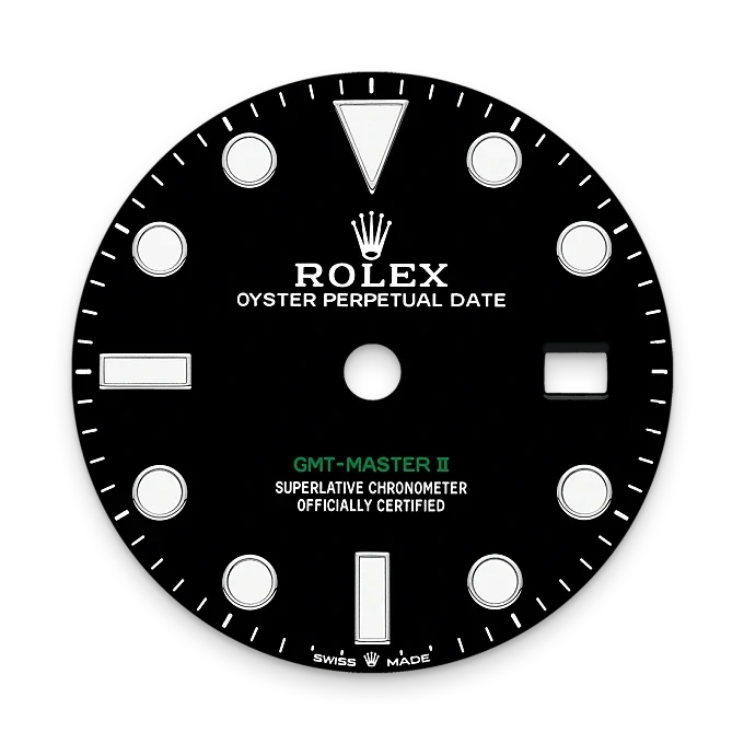 Close-up of a black Rolex GMT-Master II watch dial featuring white hour markers, the date window, and text indicating its status as a certified chronometer with Oyster Perpetual Date, showcasing fine craftsmanship and design.