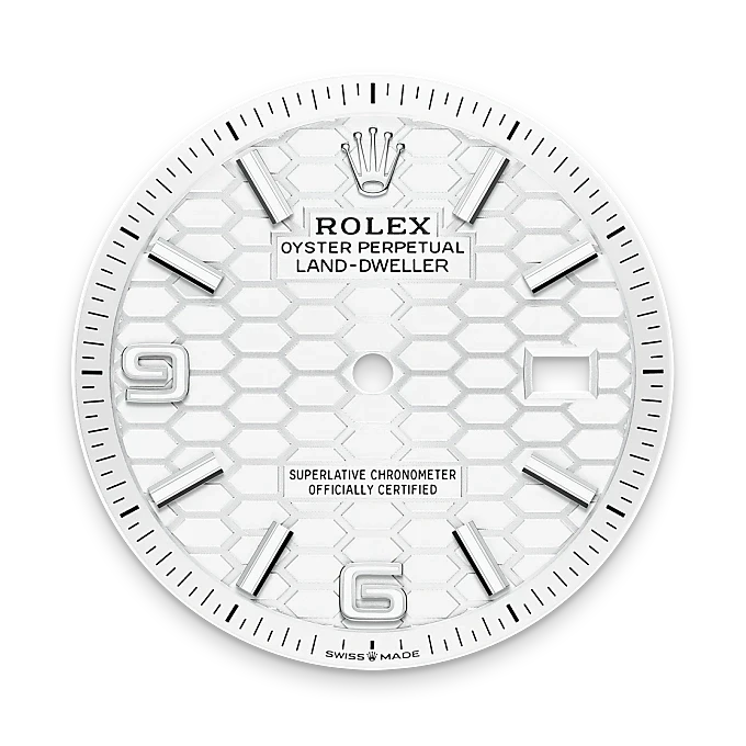 Close-up of a white Rolex Land-Dweller watch face with silver hour markers, a date window, the Rolex crown logo, and 