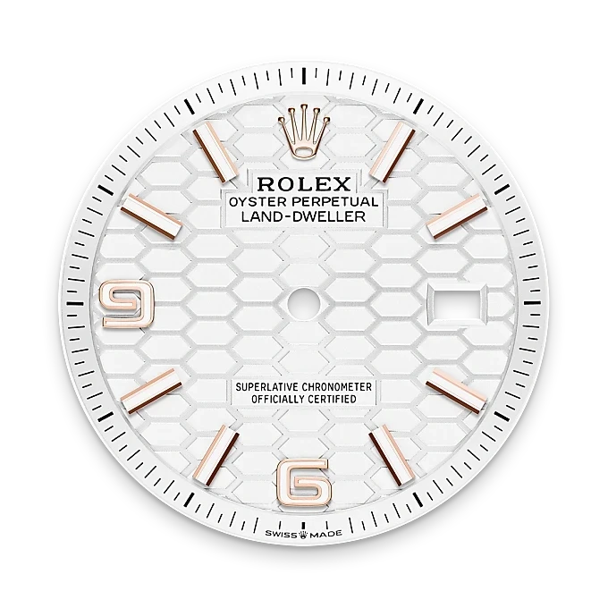 Close-up of a white Rolex Oyster Perpetual Land-Dweller watch dial featuring rose gold hour markers, numerals at 9 and 6, a date window, and a honeycomb texture, embodying luxury and precision.