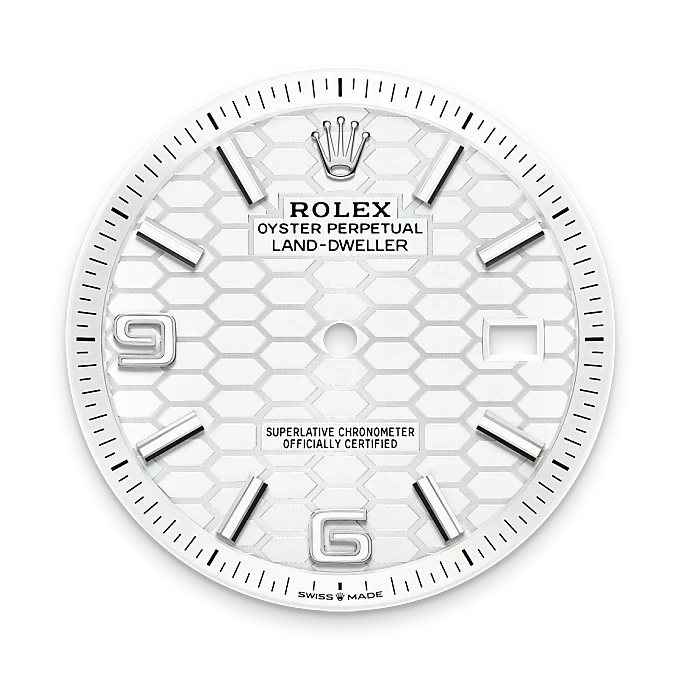 Close-up of a Rolex Land-Dweller watch face with a white hexagonal patterned dial, silver hour markers, and signature Rolex crown logo, highlighting luxury watch craftsmanship.
