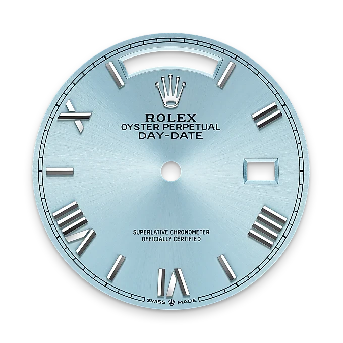 Rolex Oyster Perpetual Day-Date watch face in light blue with silver Roman numeral hour markers and a date window, showcasing classic luxury watch design.