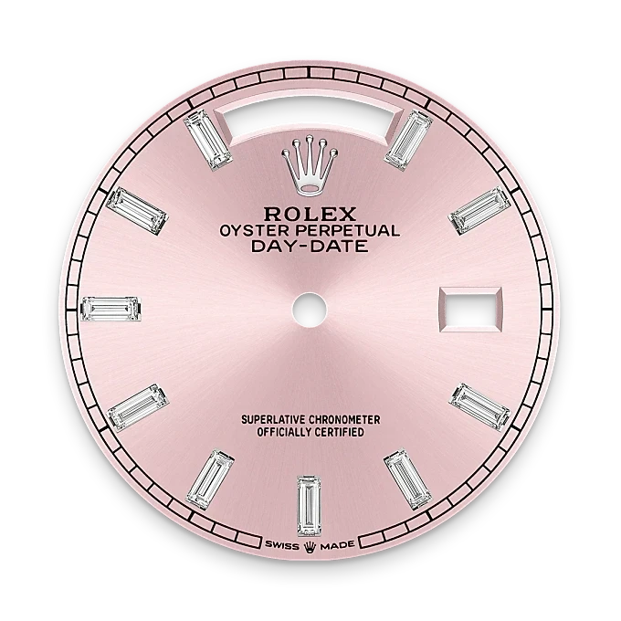 Rose gold Rolex Day-Date watch face with baguette diamond hour markers, the Rolex crown logo at 12 o'clock, and text emphasizing precision and certification.