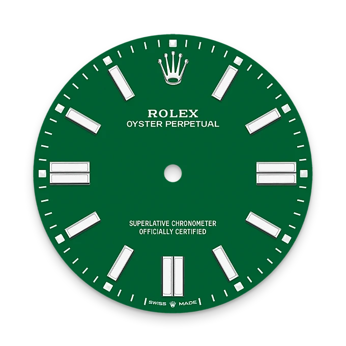 Green Rolex Oyster Perpetual watch dial featuring silver hour markers, the Rolex crown logo at 12 o'clock, and text indicating superlative chronometer certification.