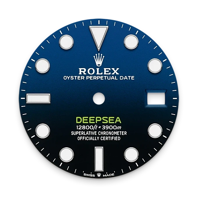 Blue Rolex Deepsea watch dial with luminous round and rectangular hour markers, white text detailing model and certification, showcasing luxury watch craftsmanship.