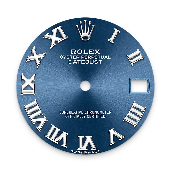 Blue Rolex Datejust watch dial featuring silver Roman numerals, the Rolex crown logo, and text including Oyster Perpetual, Superlative Chronometer, and Swiss Made, with a date window.