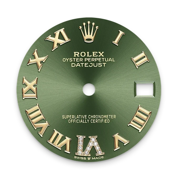 Green Rolex Datejust dial with gold Roman numerals, diamond-set VI marker, date window at three o'clock, and signature Rolex crown logo at twelve o'clock position.