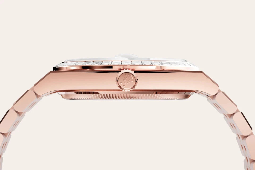 Side view of a luxury rose gold watch with a detailed crown and a linked bracelet, showcasing fine craftsmanship and elegant design typical of luxury watches.