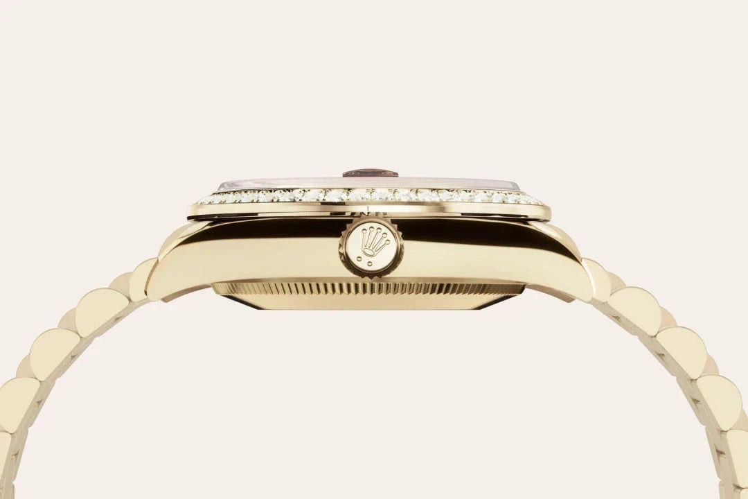 Side profile of a luxury gold watch featuring a detailed crown with the Rolex logo and a finely crafted bracelet, highlighting elegant design and craftsmanship.