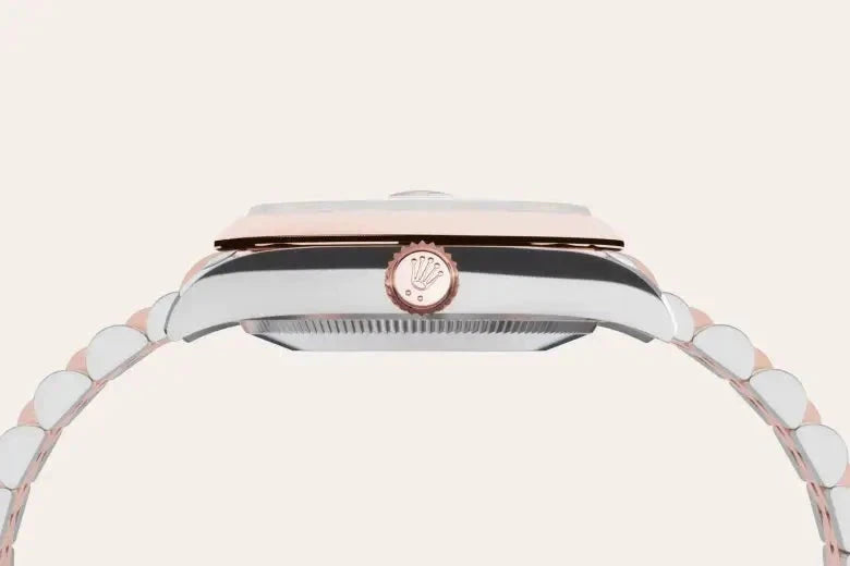 Side profile close-up of a luxury watch with a polished metal case and crown featuring the Rolex logo, highlighting the craftsmanship and design details.