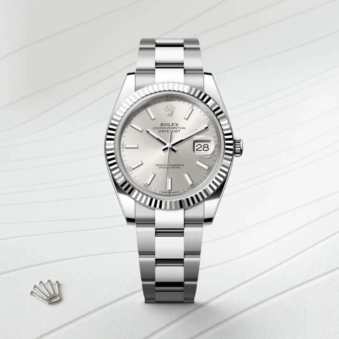 rolex datejust in white rolesor - combination of oystersteel and white gold, M126334-0003 - henne jewelers