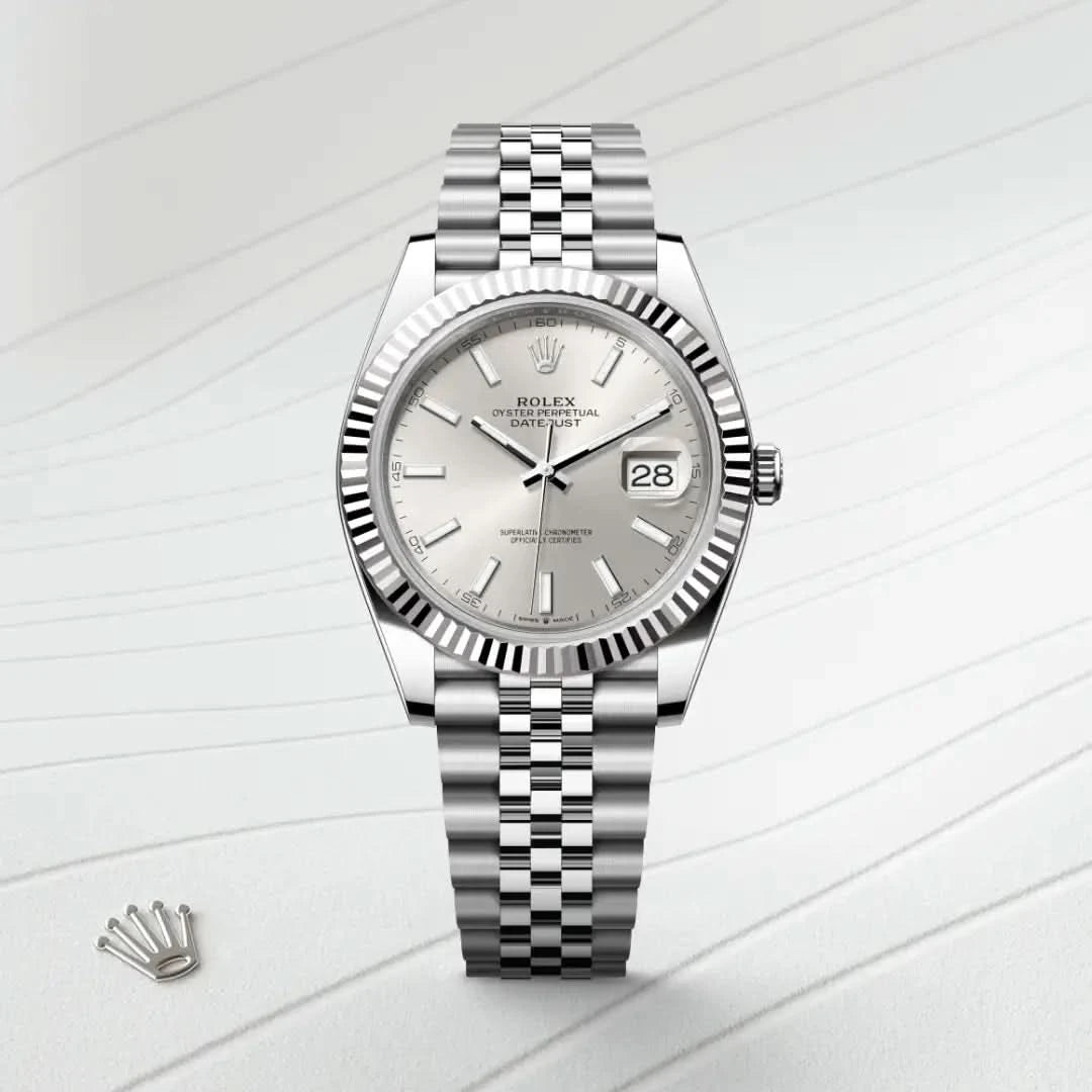 rolex datejust in white rolesor - combination of oystersteel and white gold, M126334-0004 - henne jewelers