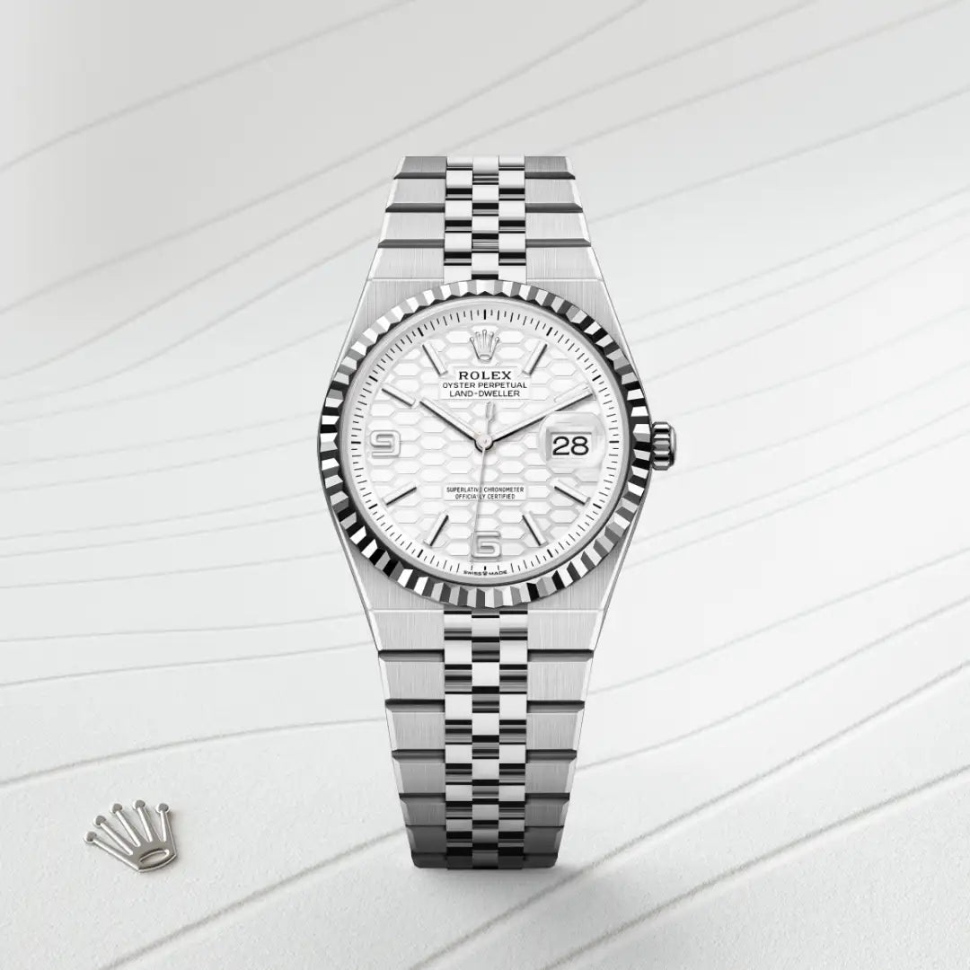 rolex Land-Dweller in White Rolesor - combination of Oystersteel and white gold, M127234-0001 - Henne Jewelers