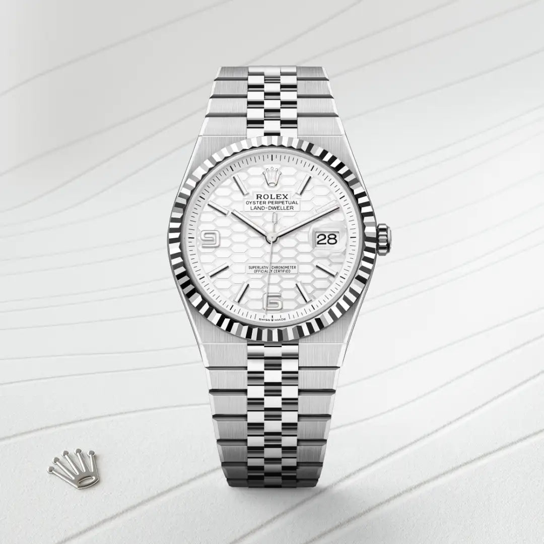rolex Land-Dweller in White Rolesor - combination of Oystersteel and white gold, M127334-0001 - Henne Jewelers