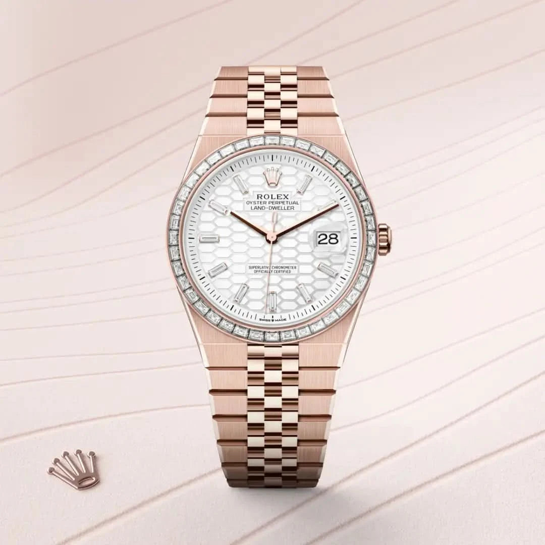 rolex land-dweller in 18 ct everose gold, M127385TBR-0003 - henne jewelers