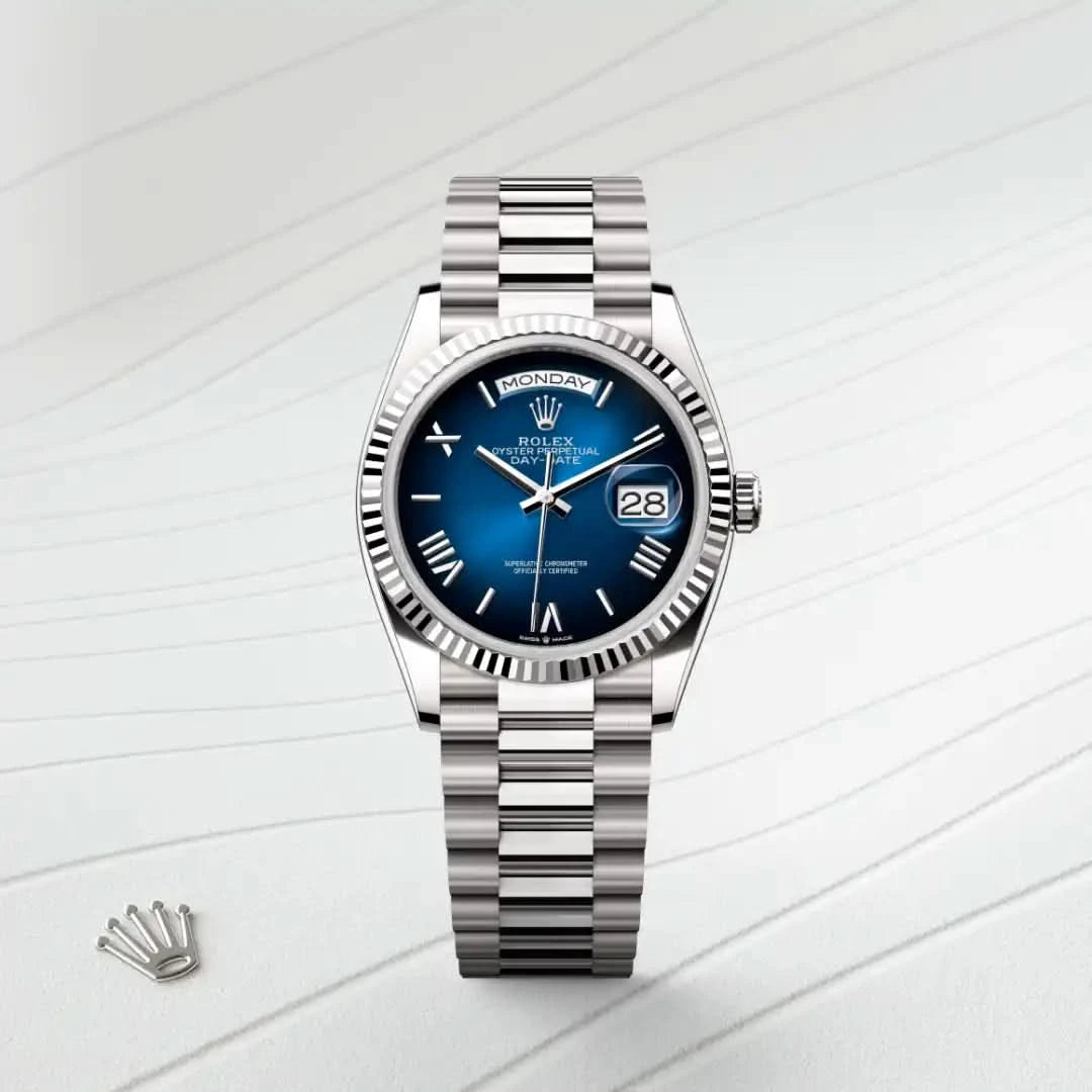 rolex day-date in 18 ct white gold, M128239-0063 - henne jewelers