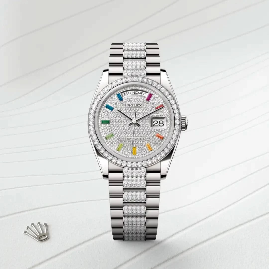 rolex day-date in 18 ct white gold, M128349RBR-0012 - henne jewelers