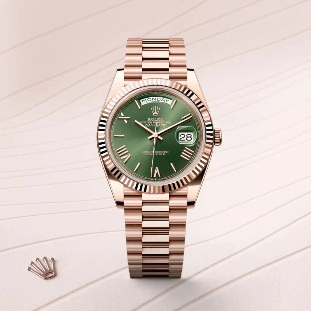 rolex day-date in 18 ct everose gold, M228235-0025 - henne jewelers